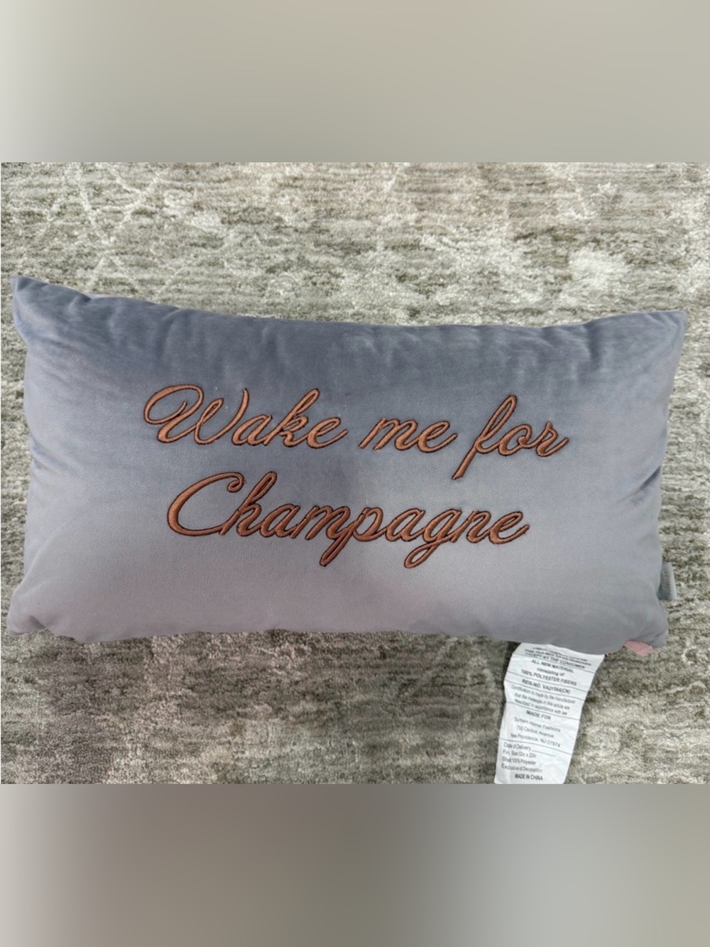 Ted Baker Gray Velvet Pillow with Copper Script 'Wake Me for Champagne'